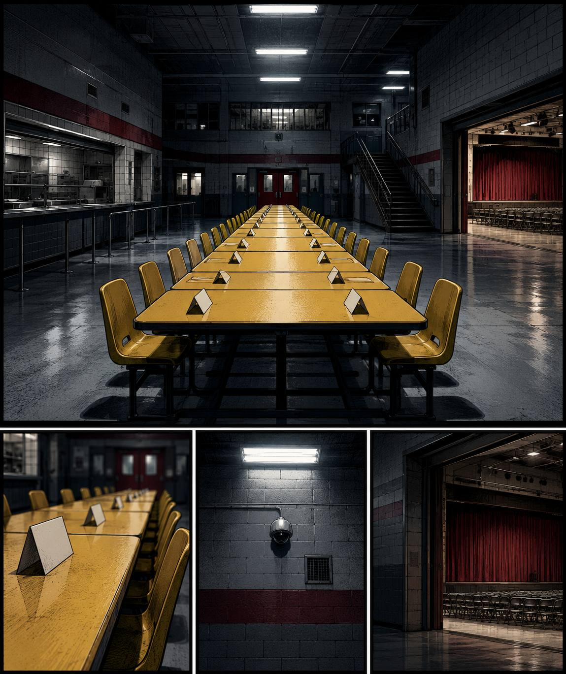 The cookhouse. Yellow tables in orderly rows.