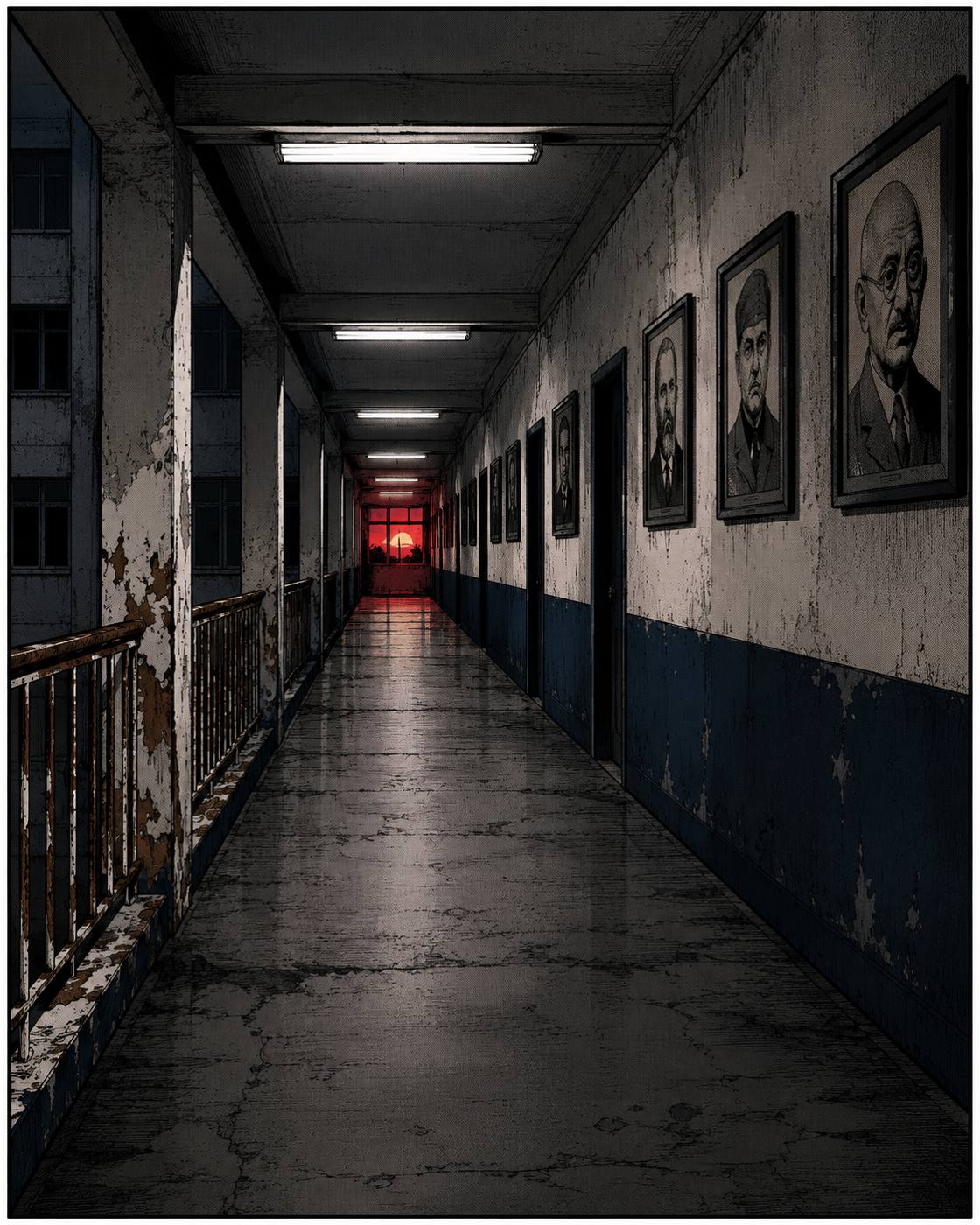 A school corridor at night, red light at the far end