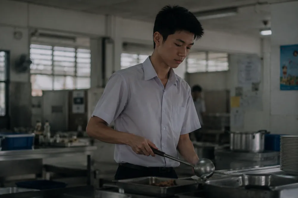 A student on serving duty ladles food from a tray in the cookhouse