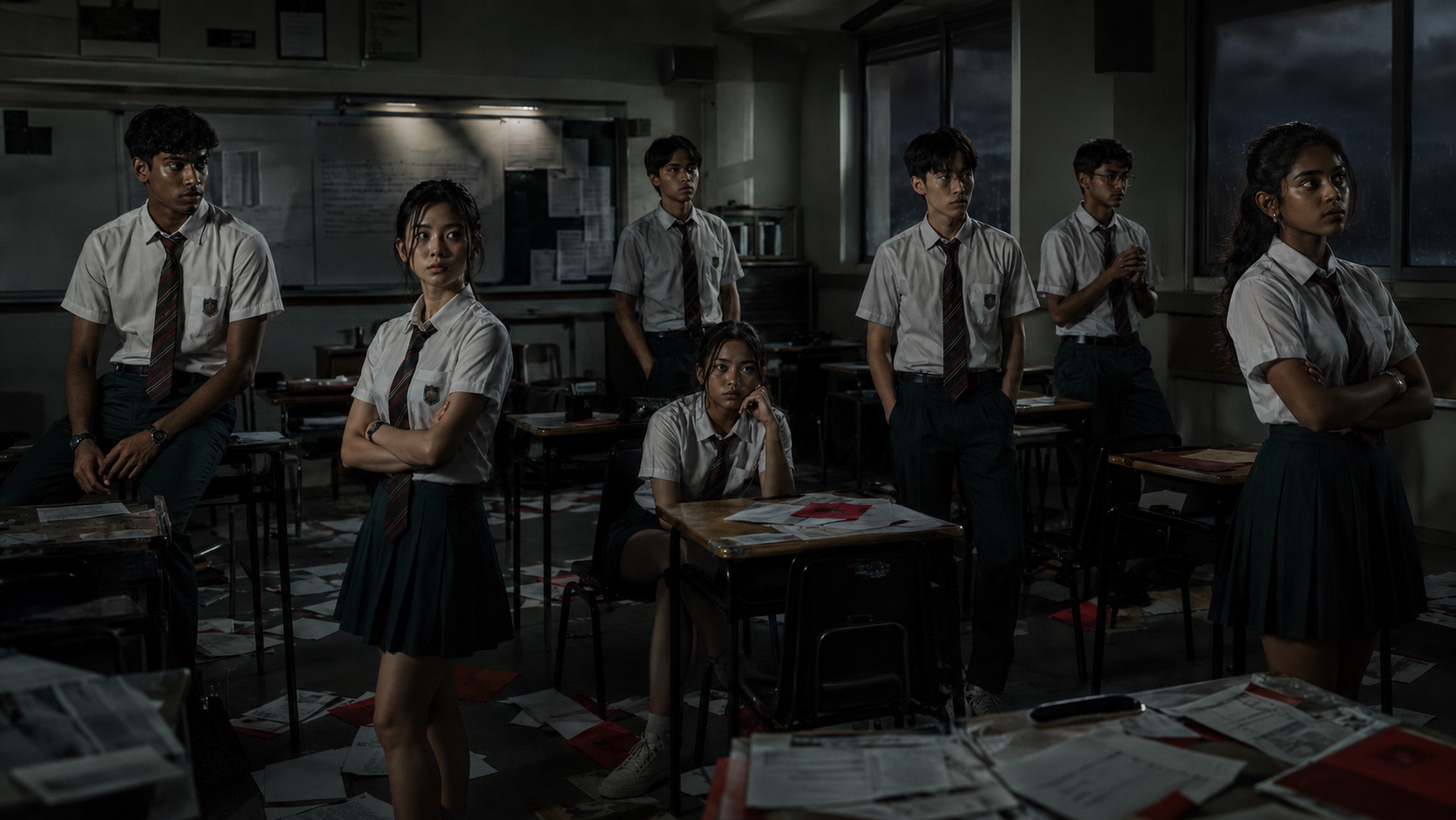 Seven students in a wrecked classroom, watching